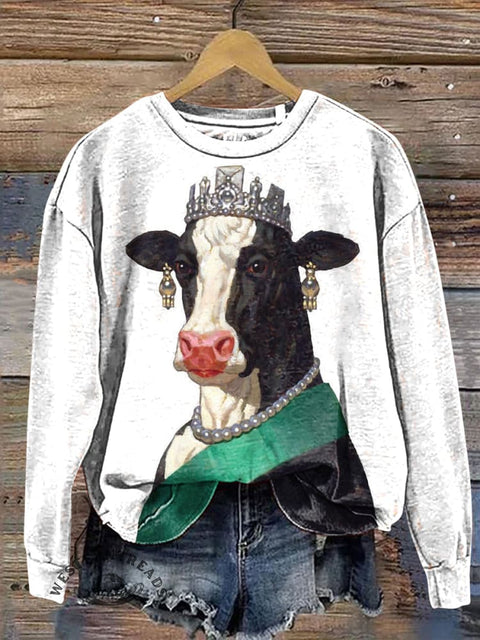 Cow with Earring Crown Casual Cotton Sweatshirt