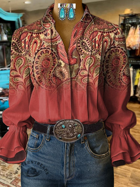 Women's Retro Red Gradient Paisley Cashew Flower Print Casual Cotton And Linen Shirt