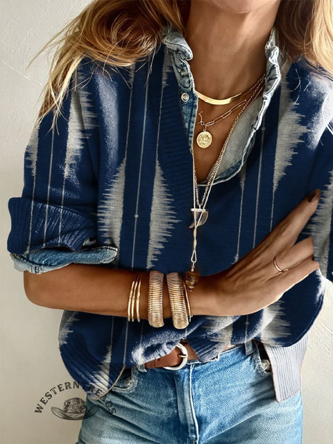 Women's Denim Blue Retro Stripes Casual V-neck Pullover Knit