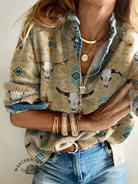 Women's Western Sheep Skull Aztec Casual V-neck Pullover Knit