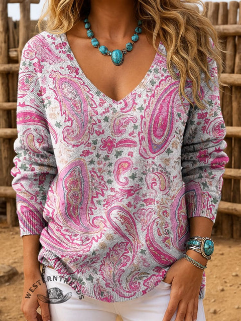 Women's Pink Paisley Cashew Flower Casual V-neck Pullover Knit