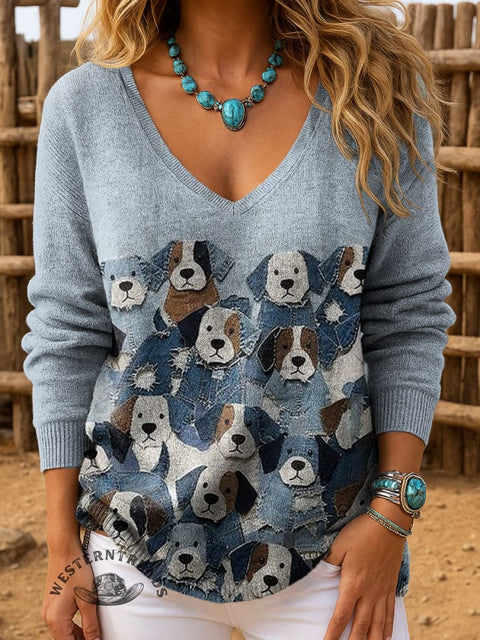 Women's Denim Patchwork Vision Puppy Casual V-neck Pullover Knit