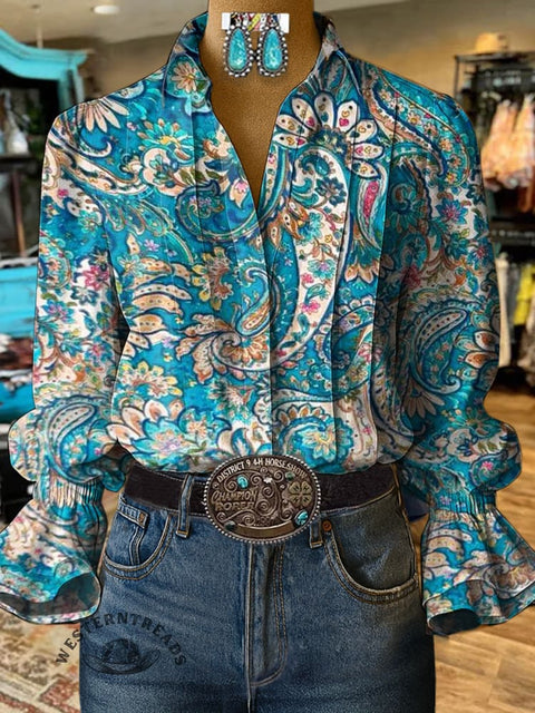 Women's Blue Paisley Print Casual Cotton And Linen Shirt