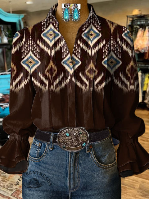 Women's Brown Gradient Aztec Print Casual Cotton And Linen Shirt