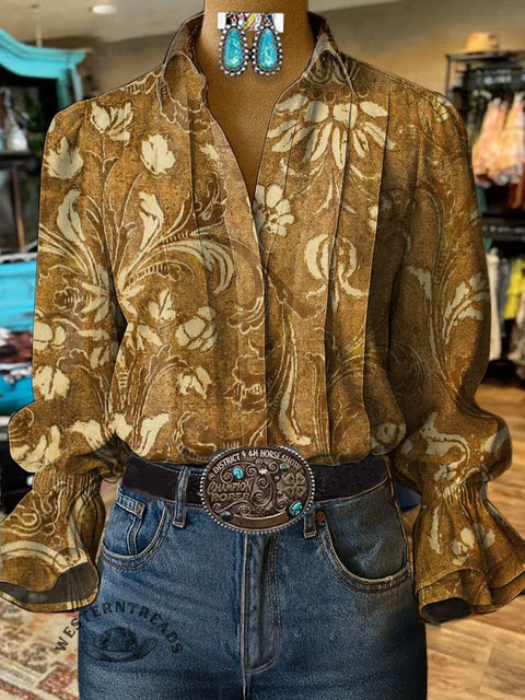 Women's Retro Yellow Flower Print Casual Cotton And Linen Shirt