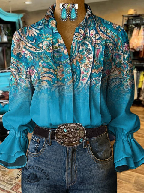 Women's Blue Gradient Paisley Print Casual Cotton And Linen Shirt