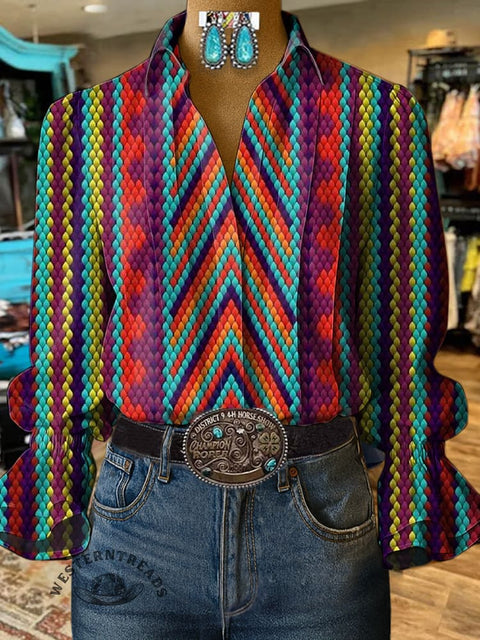 Women's Colorful Beaded Vision Print Casual Cotton And Linen Shirt