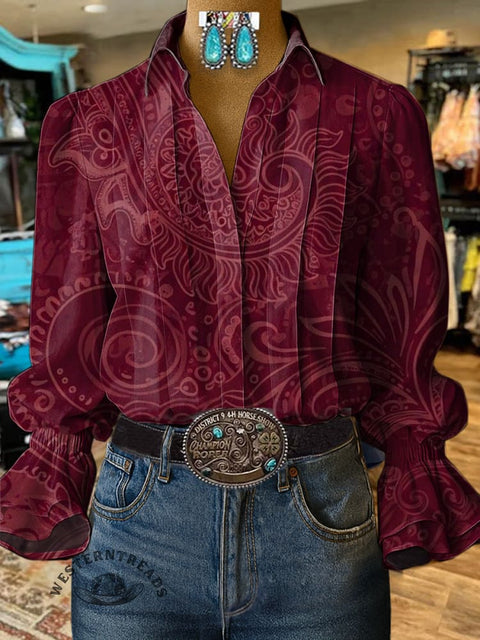 Women's Retro Red Paisley Print Casual Cotton And Linen Shirt