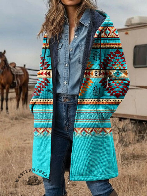 Turquoise Aztec Unisex Plush Thick Long-Sleeved Sweater Cardigan Coat