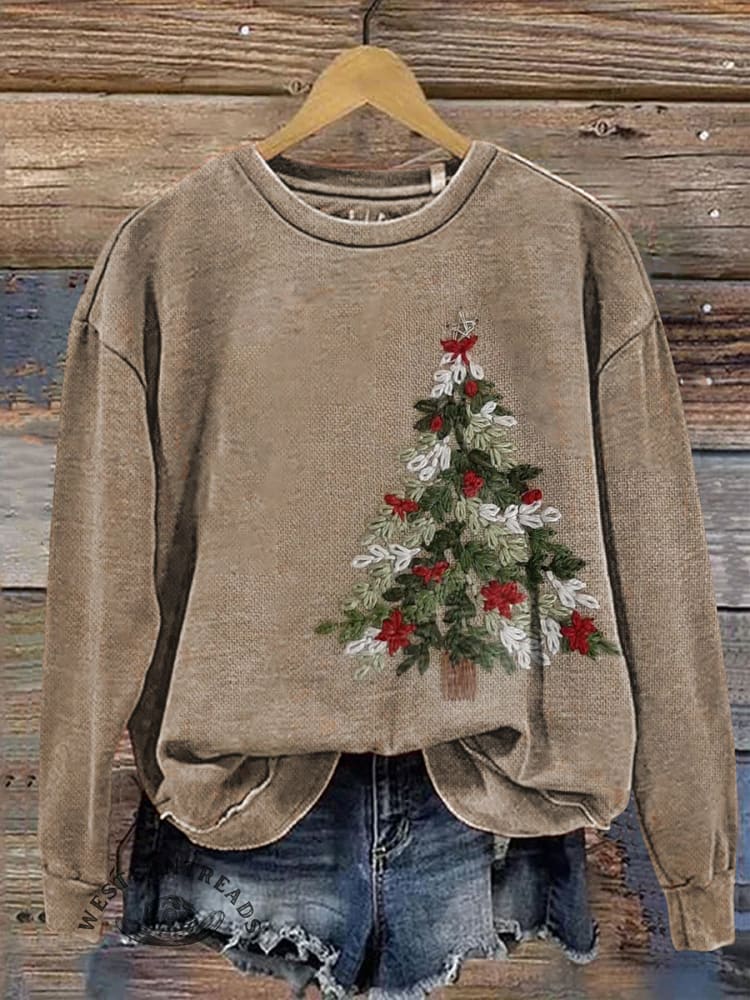 Vintage Embroidery Visual Christmas Tree Casual Cotton Sweatshirt