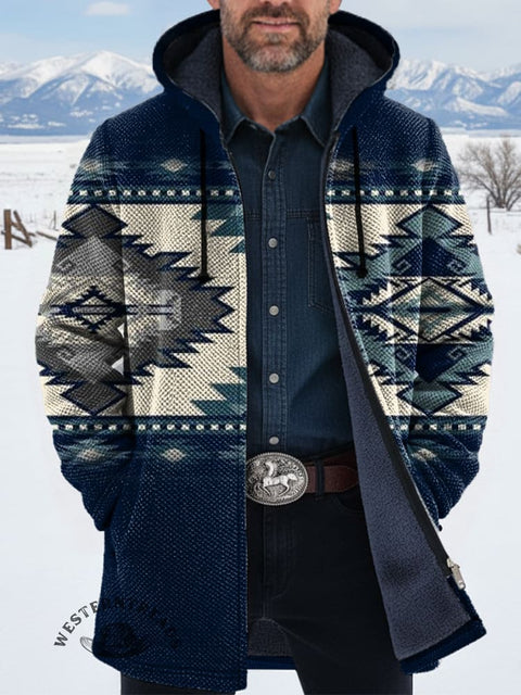 Unisex Retro Blue Aztec Unisex Plush Thick Long-Sleeved Cardigan Coat
