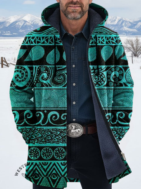 Unisex Turquoise Retro Pattern Unisex Plush Thick Long-Sleeved Cardigan Coat