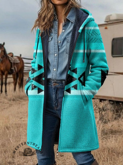 Teal Retro Aztec Unisex Plush Thick Long-Sleeved Cardigan Coat