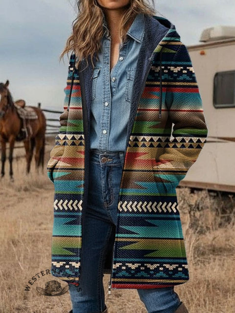 Color Retro Aztec Unisex Plush Thick Long-Sleeved Cardigan Coat