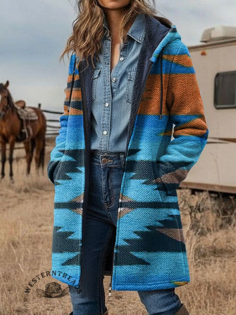 Blue Retro Aztec Unisex Plush Thick Long-Sleeved Cardigan Coat