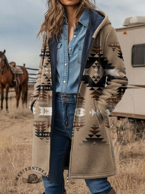 Brown Retro Aztec Unisex Plush Thick Long-Sleeved Cardigan Coat