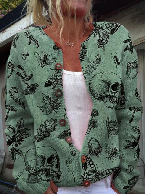 Retro Skull Butterfly Print Buttoned Cardigan Sweater