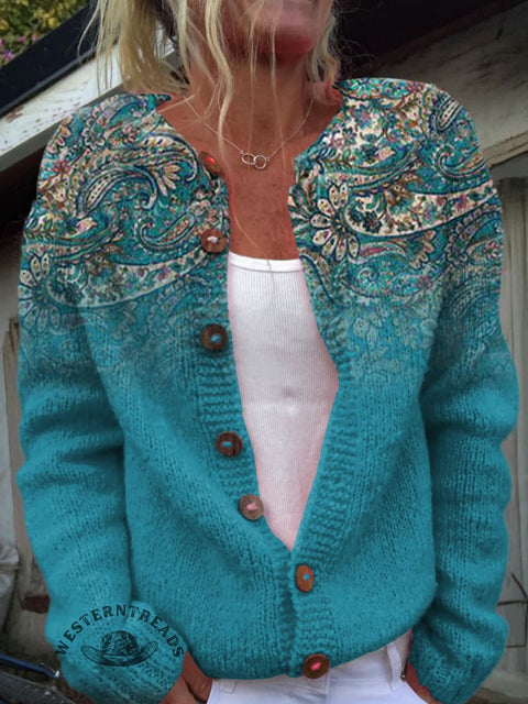 Retro Blue Gradient Paisley Flowers Print Buttoned Cardigan Sweater