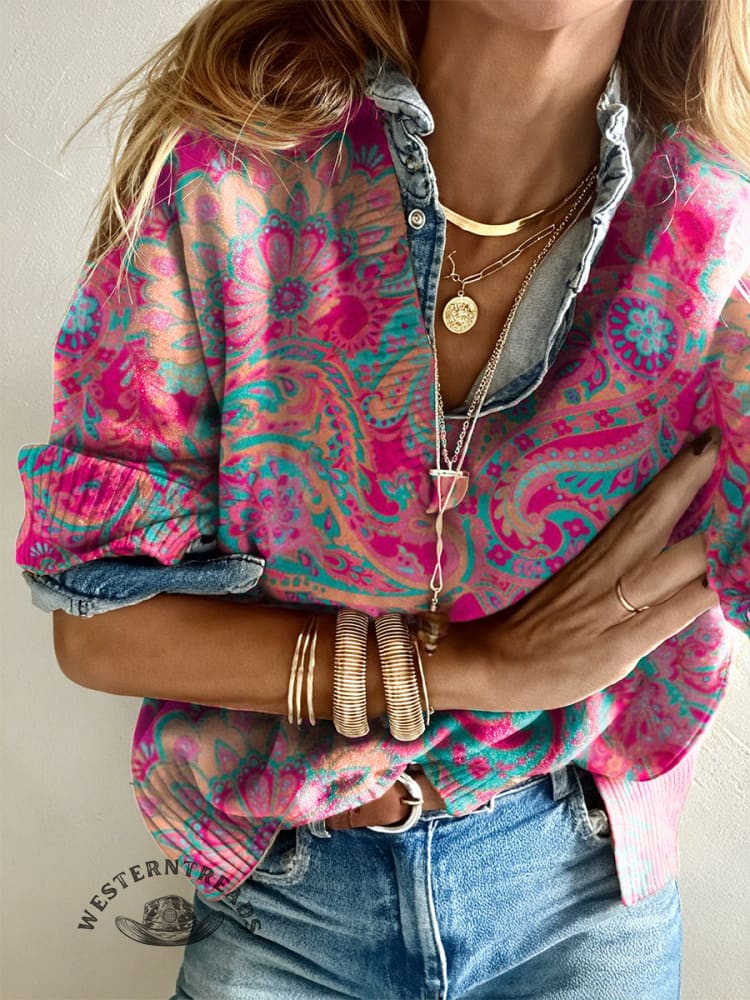 Colorful Retro Paisley Women's Casual V-neck Pullover Knit