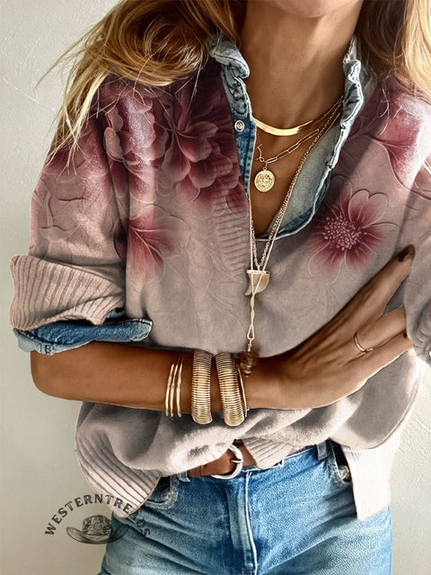 Retro Gradient Flowers Women's Casual V-neck Pullover Knit