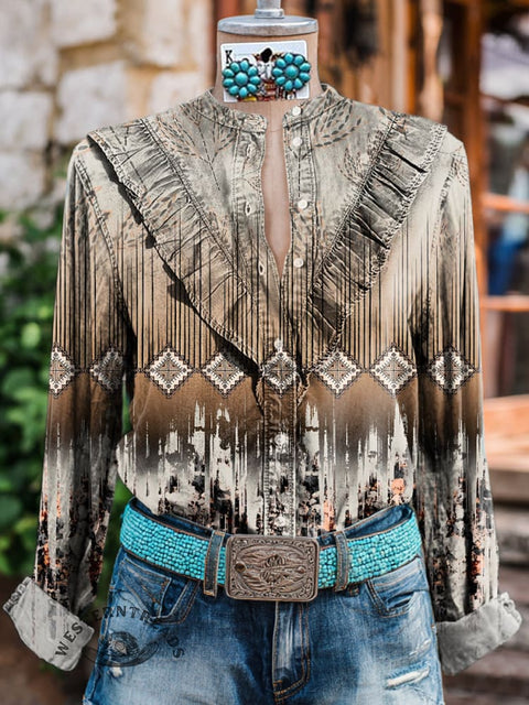 Women's Brown Gradient Aztec Print Casual Cotton And Linen Shirt