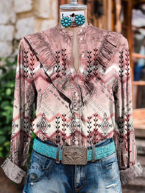 Women's Retro Pink Aztec Print Casual Cotton And Linen Shirt