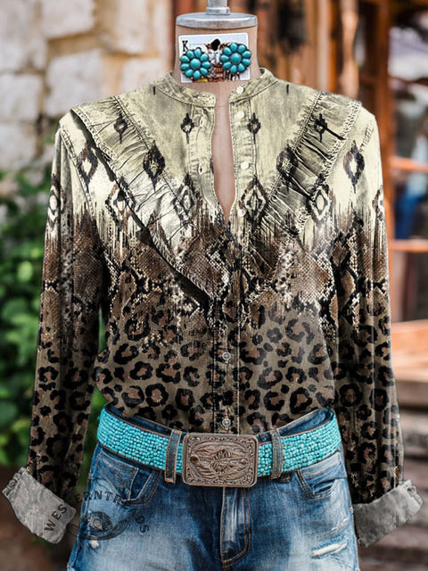 Women's Leopard Aztec Patchwork Print Casual Cotton And Linen Shirt