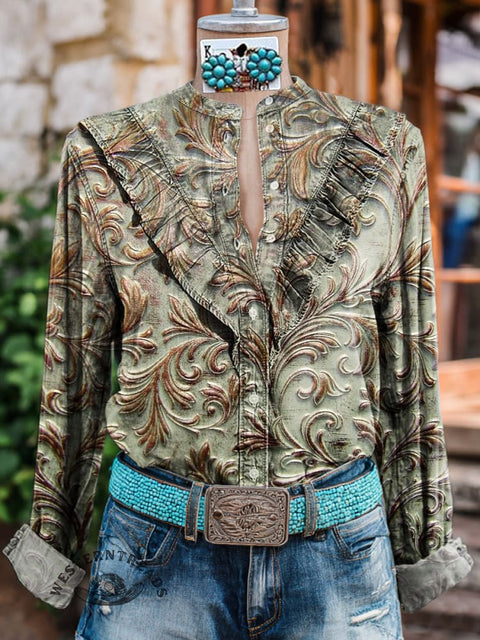 Women's Retro Imitation Three-dimensional Sculpture Vision Print Casual Cotton And Linen Shirt