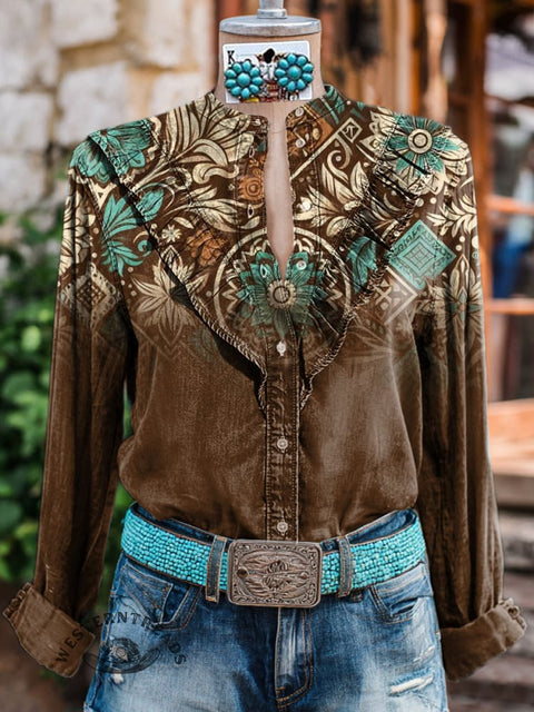 Women's Brown Gradient Retro Flowers Print Casual Cotton And Linen Shirt