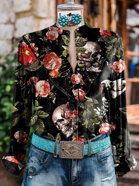 Women's Retro Skull Flower Print Casual Cotton And Linen Shirt