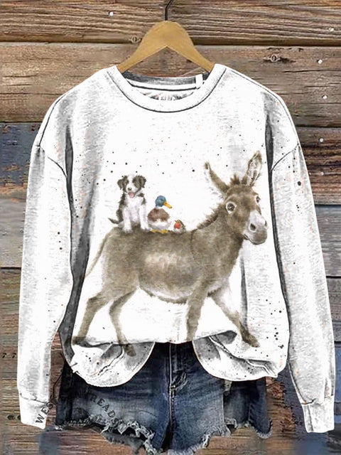 Cute Donkey Puppy Duck and Chicken Casual Cotton Sweatshirt