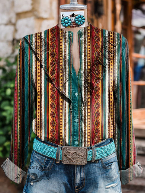 Women's Retro Colorful Stripes Print Casual Cotton And Linen Shirt