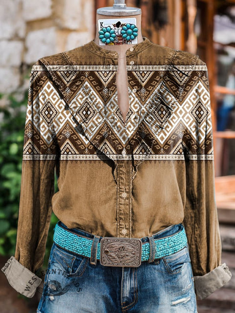 Women's Retro Brown Aztec Print Casual Cotton And Linen Shirt