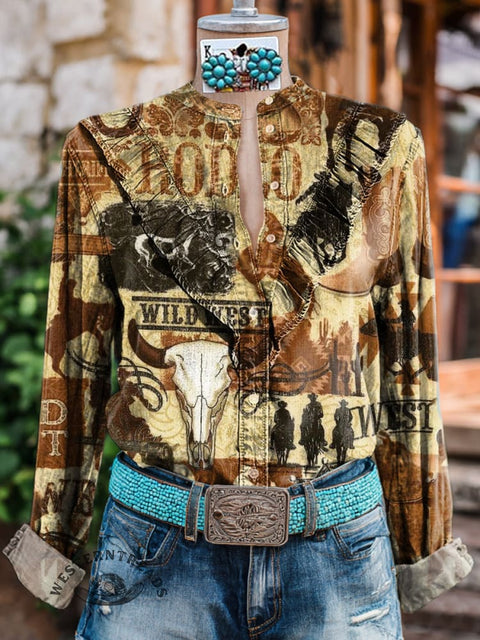 Women's Western Cowboy and Skull Print Casual Cotton And Linen Shirt