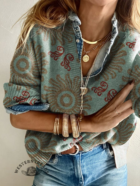 Retro Sunflower and Tribal Patterns Women's Casual V-neck Pullover Knit