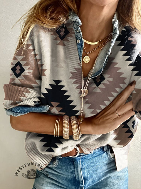 Retro Aztec Women's Casual V-neck Pullover Knit