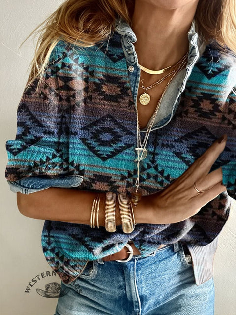 Color Retro Aztec Women's Casual V-neck Pullover Knit
