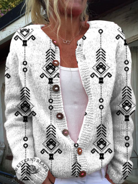Western Pattern Print Buttoned Cardigan Sweater