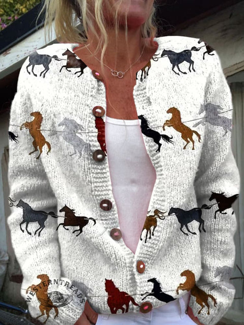 Horse Print Buttoned Cardigan Sweater