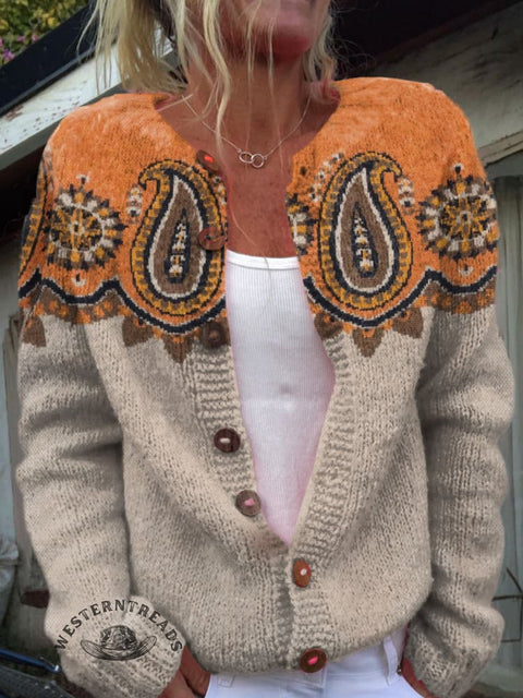 Retro Paisley Print Buttoned Cardigan Sweater