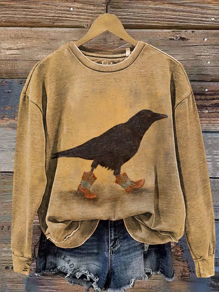Crow Wearing Western Casual Cotton Sweatshirt