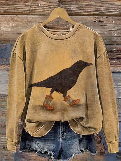 Crow Wearing Western Cowboy Shoes Casual Cotton Sweatshirt