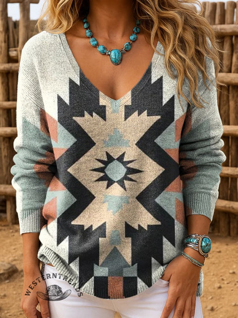 Retro Aztec Women's Casual V-neck Pullover Knit