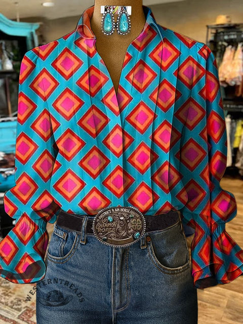 Women's Colorful Diamond Pattern Print Casual Cotton And Linen Shirt