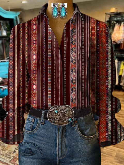 Women's Retro Stripes Print Casual Cotton And Linen Shirt
