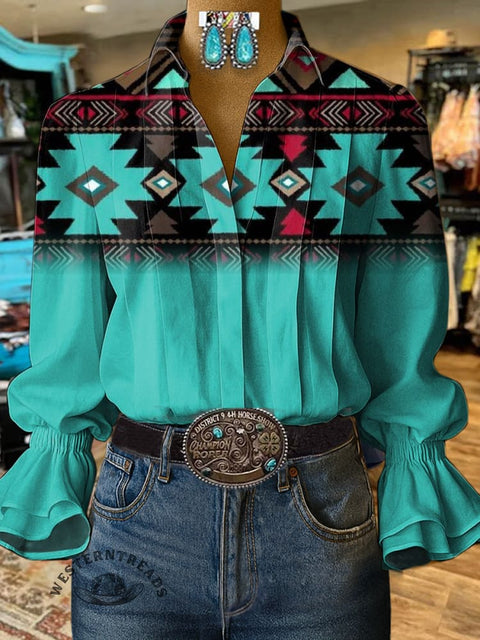 Women's Gradient Retro Azct Print Casual Cotton And Linen Shirt
