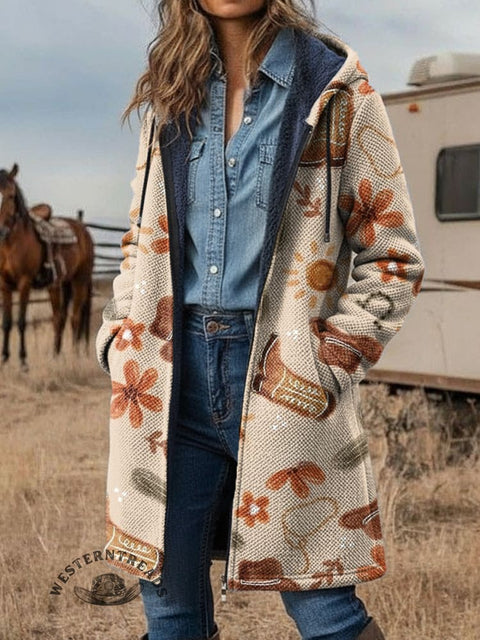 Western Cowboy Element Pattern Print Unisex Plush Thick Long-Sleeved Cardigan Coat