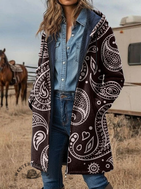 Retro Paisley Print Unisex Plush Thick Long-Sleeved Cardigan Coat