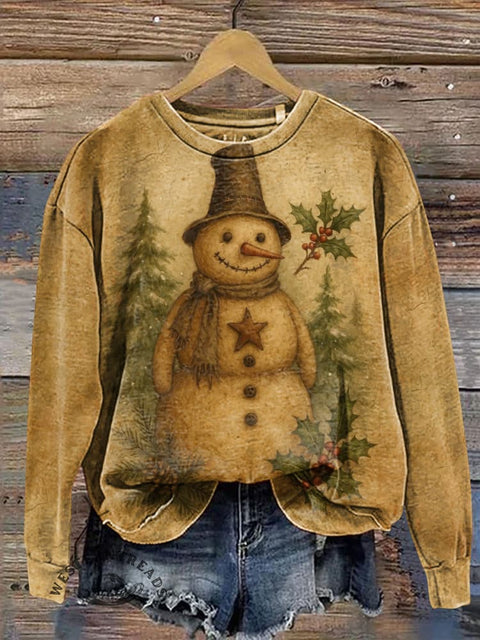 Retro Christmas Tree and Snowman Casual Cotton Sweatshirt