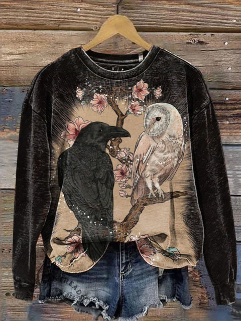 Black Crow White Owl and Flowers Casual Cotton Sweatshirt